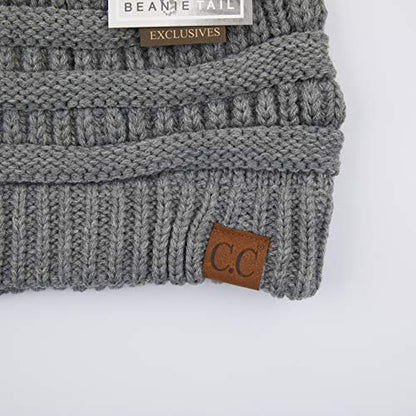 C.C Exclusives Soft Stretch Cable Knit Messy Bun Ponytail Beanie Winter Hat for Women (MB-20A) - color: Light Melange Grey