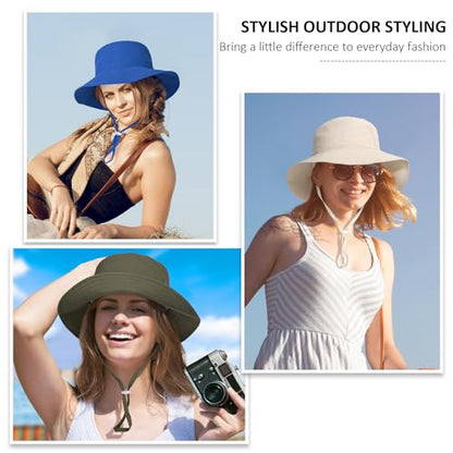Women Wide Brimmed Sun Hat,Summer Foldable Beach Bucket Hat with UV Protection for Women Young Girls - color: Khaki & White 2pcs