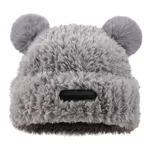 Cute Fuzzy Bear Ears Beanie Hat with Pompom Women's Furry Beanie - color: Grey