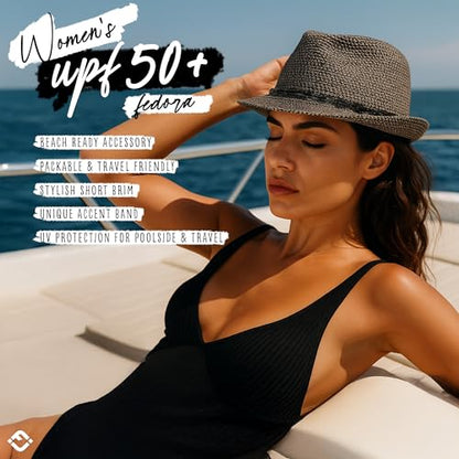 Funky Junque Short Brim Fedora Packable Sun Hat for Women - color: Black Multi W/ Beaded Ropes