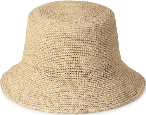 Natural Raffia Straw Bucket Hat for Women Sun Beach Handmade Raffia Woven Bucket Hat Foldable Summer Cap - color: Natural Raffia