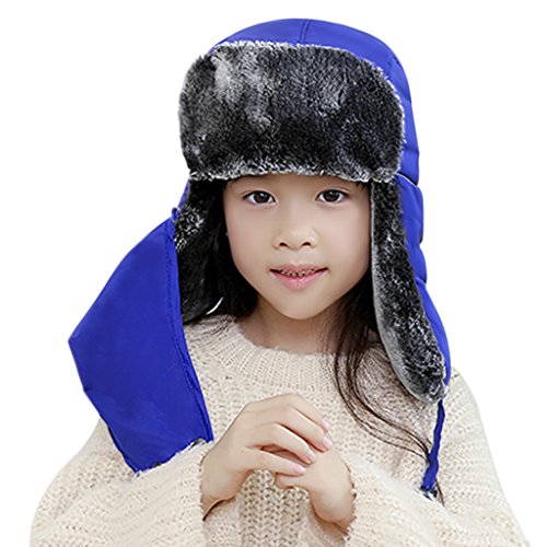 Kids Waterproof Winter Hat Windproof Ski Mask Trapper Hat Baby Teen Cute Ear Flap Fur Warm Beanie Cap Cold Weather Snow Hats - color: Blue