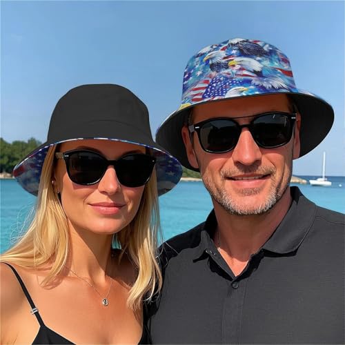 Amasnay Neon Bucket Hat Cotton Double-Side-Wear Reversible Sun Hat for Women Men, Summer Vacation Travel Beach Fisherman Hat - color: American Flag Eagle