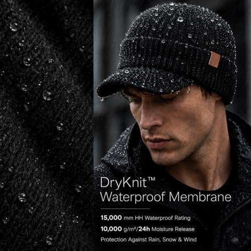 TOP-EX 80% Merino Wool Waterproof Winter Beanie Hat Men Big Heads - color: Black, size: Medium-Large