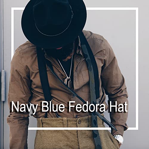 Women Men Wide Brim Fedoran Hat with Chain Belt Buckle - color: Navy Blue