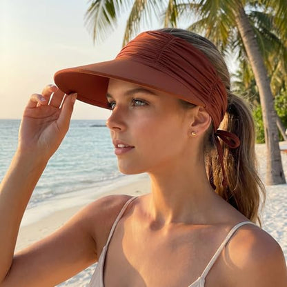 KXF Sun Visors Hat for Women Wide Brim Beach Hat Foldable Visor Hat Cap Ponytail Summer Packable UPF 50+ Adjustable Stretchy - color: Coffee