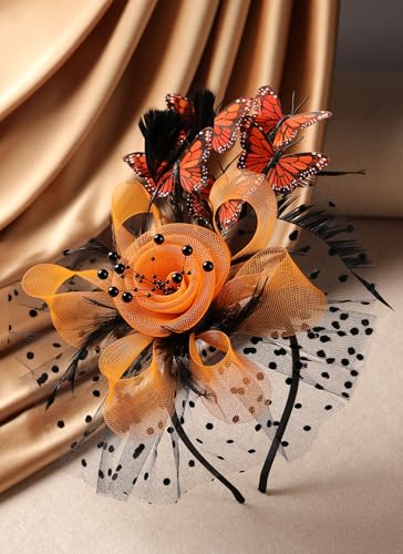 Zinniday Butterfly Derby Hat 2025 - Classic Tea Party Hats with Hair Clip, 1920s 50s Fascinators for Lady Woman - color: Black Orange