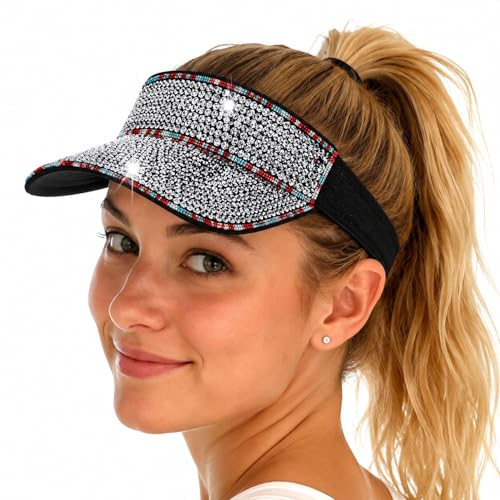 Shiny Women's Bling Rhinestone Visor Sun Protection for Tennis Golf Beach - color: Navybluesliverf