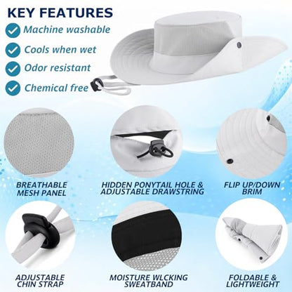 Cooling Sun Bucket Hat, UPF 50+ Wide Brim Boonie Hat with Ponytail Hole - color: 01 Off White