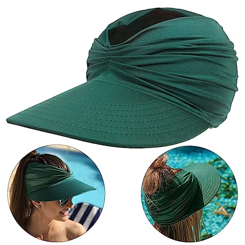 Sun Hat Women Beach Visor Cap UV Protection with Wide Brim Packable Summer Sport Ponytail Sun Cap - color: Green