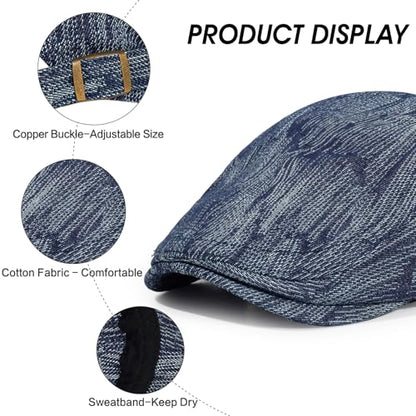 2Pcs Men's Newsboy Cap Cotton Flat Ivy Gatsby Driving Hat - color: Nz1-lightblue+deepblue