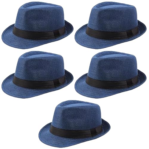 Ultrafun 5 Pack Short Brim Fedora Classic Summer Beach Sun Hat Panama Cap for Men Women - color: 5pack-blue, size: Large