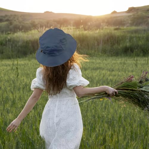 Outdoor Bucket Packable Sun Hat with Detachable Chin Strap for Women and Men, Quick Dry Waterproof UV Protection Sun Hat - color: Navy Blue