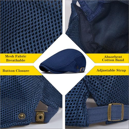 meioro Mens Breathable Mesh Summer Hat Adjustable Flat Cap Newsboy Beret Ivy Cap Irish Cabbie Fishing Hats - color: Navy