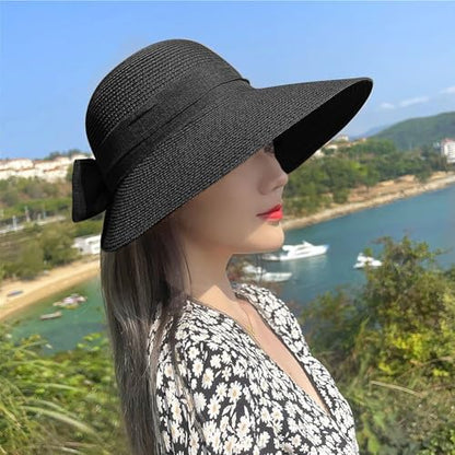 Women Straw Beach Sun Hat Wide Brim UV Protection Floppy Sun Hats - color: Black
