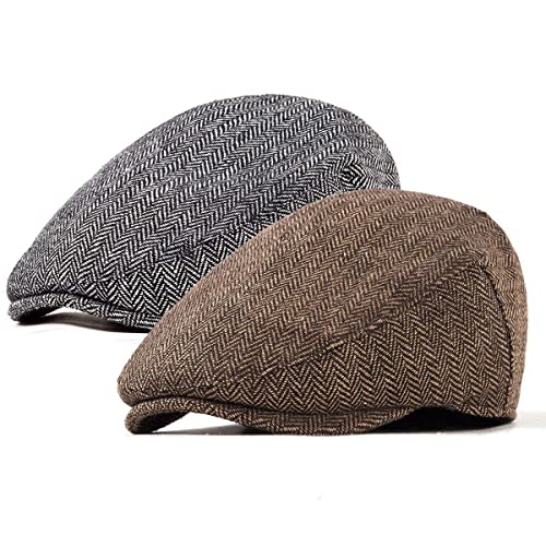 2-Pack Adjustable Newsboy Hats for Men Flat Cap Irish Wool Blend Tweed - color: 004 Brown+grey 2pack, size: Small-Medium