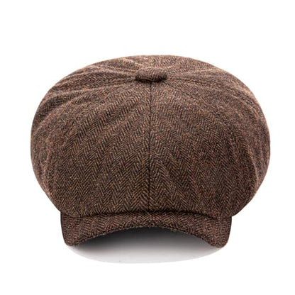 Men's Wool Newsboy Cap 8-Panel Tweed Taxi Hat Herringbone Gatsby Flat Hats - color: D-coffee