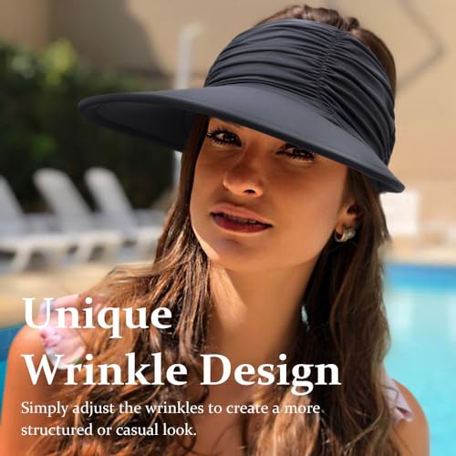 Women Visor Sun Hat Adjustable Foldable Wide Brim Sun Hats Summer UPF 50+ UV Protection Visor Cap for Outdoor Beach - color: Black a