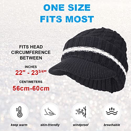 Ruphedy Mens Beanie with Brim Winter Hat Knitted Thick Fleece Visor Beanie - color: B321-black