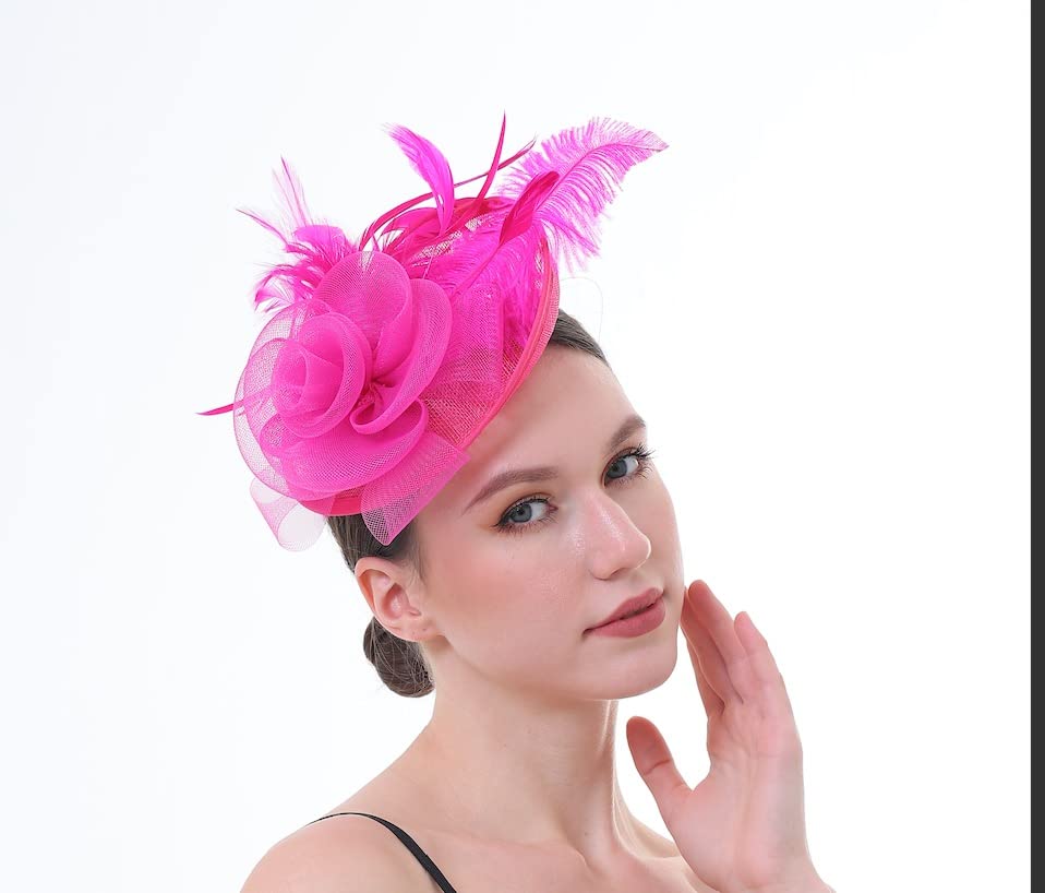 Fascinator Hat with Feather and Mesh – Floral Headpiece for Tea Party, Wedding, Cocktail Event - color: Hot Pink
