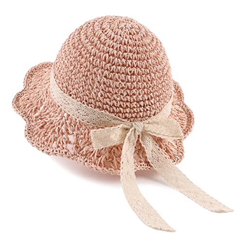 Baby Girl Straw Hat 3-6 Years Girls Summer Beach Hats with Bowknot Sun Protection Hats for Kids - color: Pink