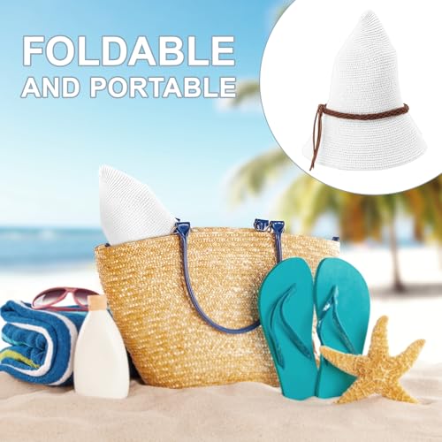 AQOKKA Summer Sun Hats for Women Straw Panama Hat with Wide Brim Roll Up Travel Fedora Beach Hat for Women Men UPF 50+ - color: Woven Rope : White