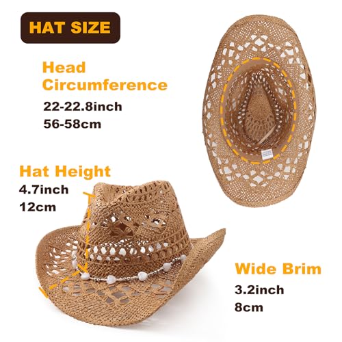 AQOKKA Straw Cowboy Hats for Women Men Western Cowgirl Hats with Shapeable Brim Woven Hollow Out Unisex Beach Roll Up Caps - color: Cowboy Hat : Dark Khaki a