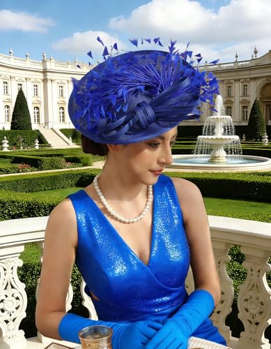 Unpifolov Fascinators Hats Elegant Women Flower Mesh Feathers Wedding Cocktail Bride Headband for Derby Hat Tea Party - color: Royal Blue