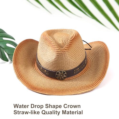 AQOKKA Straw Cowboy Hats for Women Men Western Cowgirl Hats with Shapeable Brim Woven Hollow Out Unisex Beach Roll Up Caps - color: Spray-painted Cowboy Hats : Khaki+khaki