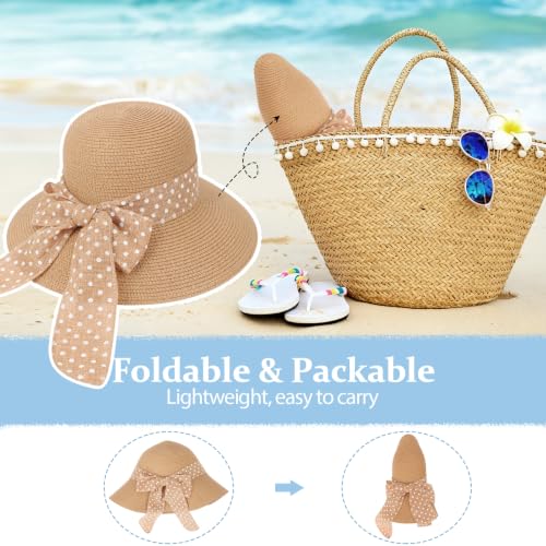 DRESHOW Sun Hats for Women Summer Wide Brim Beach Straw Hat Bowknot Bucket Hats Foldable Floppy Beach Sun Hat UPF 50+ - color: 1 Pack Polka Dot Bowknot Ribbon Hat: Khaki