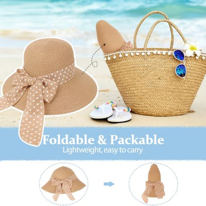 DRESHOW Sun Hats for Women Summer Wide Brim Beach Straw Hat Bowknot Bucket Hats Foldable Floppy Beach Sun Hat UPF 50+ - color: 1 Pack Polka Dot Bowknot Ribbon Hat: Khaki
