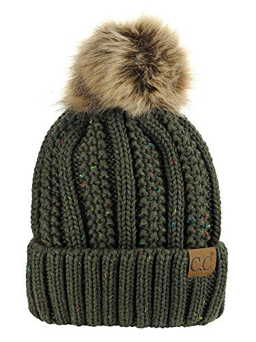 C.C Thick Cable Knit Faux Fuzzy Fur Pom Fleece Lined Skull Cap Cuff Beanie - color: Confetti Dark Olive