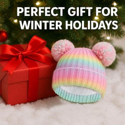 Toddler Winter Knit Hat Upgrade Fleece Lined Pompom Ears Beanies Cap for Boys Girls 3-12 Years - color: Rainbow Color