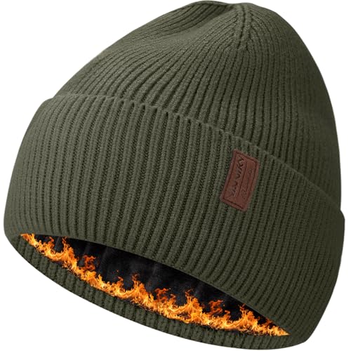 Fleece Lined Winter Beanie for Men Women Warm Windproof Beanies Hats Thick Knit Winter Hat for Cold Weather - color: Army Green