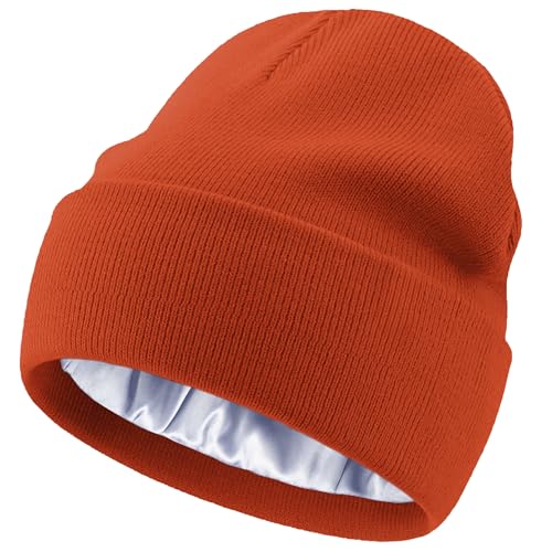 Satin Lined Knit Beanie Hat-100% Cotton Winter Hats for Women Men - color: 1-orange