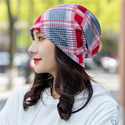 XYIYI Womens Chemo Headwear Hats Cotton Slouchy Beanie Cap Scarf - color: 2pcs Checkered Pink Blue-y