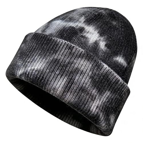 Beanie for Women Men Unisex Tie Dye Cuffed Knit Skull Cap Colorful Gradient Winter Hat Soft Slouchy Warm Less Static - color: Black