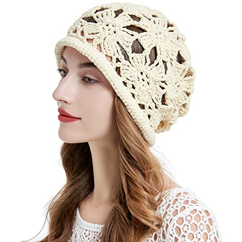 ZLYC Women Cotton Crochet Slouchy Beanie Hat Handmade Knit Summer Skull Cap - color: Crochet Beige