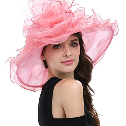 Janey&Rubbins Women's Feathers Floral Fascinating Wide Brim Lightweight Church Derby Hat - color: Pink