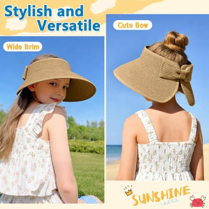 ZOORON Girls Straw Sun Visor Hat, Wide Brim Ponytail Beach Hat with Bow - color: Khaki