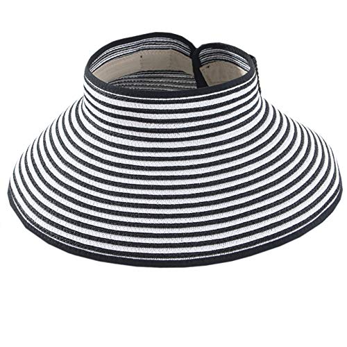Womens Foldable Straw Sun Visor, Packable Roll‑Up Beach Hat with Wide Brim - color: Black & White
