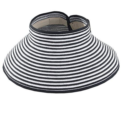 Womens Foldable Straw Sun Visor, Packable Roll‑Up Beach Hat with Wide Brim - color: Black & White
