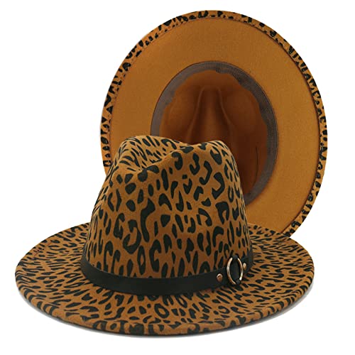 Women's Wide Brim Felt Fedora Panama Hat with Leopard - color: Z-khaki