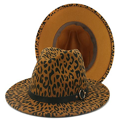 Women's Wide Brim Felt Fedora Panama Hat with Leopard - color: Z-khaki