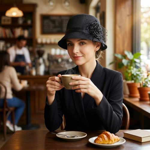 1920s Style Wide Brim Church Hat for Women with Floral Decor - color: Black-1