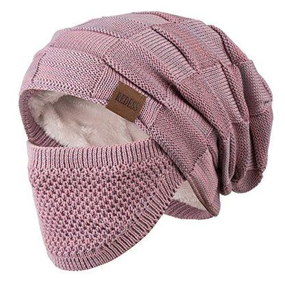 REDESS Beanie Hat for Men and Women Winter Warm Hats Knit Slouchy Thick Skull Cap with Face Cover - color: D8 Pink