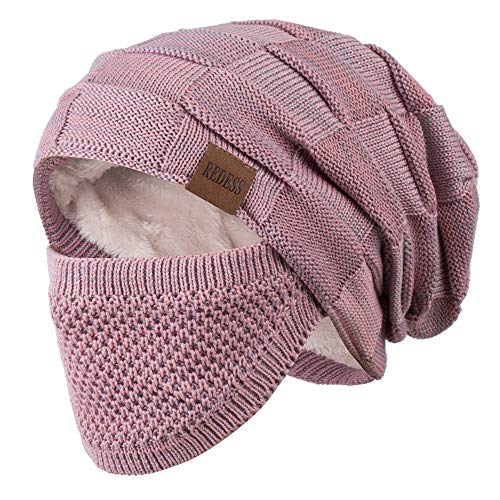 REDESS Beanie Hat for Men and Women Winter Warm Hats Knit Slouchy Thick Skull Cap with Face Cover - color: D8 Pink