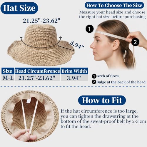 Womens Straw Beach Sun Hats, Foldable Packable Floppy Handmade Crochet Hats - color: Khaki-a
