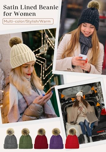 Zando Women's Satin Lined Beanie with Faux Fur Pom Pom - color: Beige