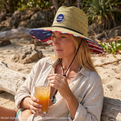 BASSDASH UPF 50+ Wide Brim Lifeguard Straw Hat for Beach Fishing Outdoor - color: Americana